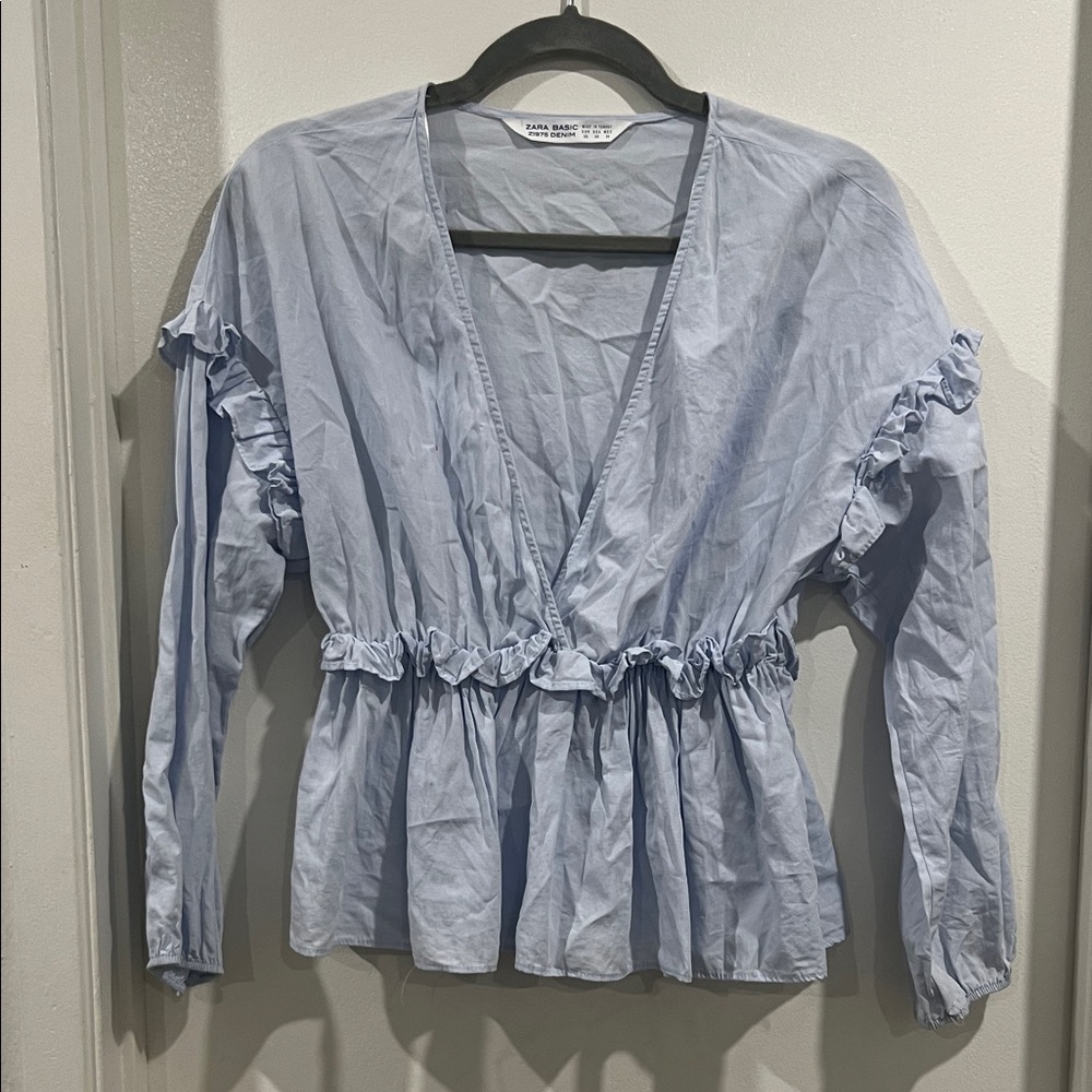 Zara Light Blue Ruffle Detail Blouse